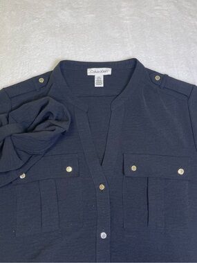 Calvin Klein Women's Black Utility Blouse Size M Roll-Tab Sleeve Silver Hardware